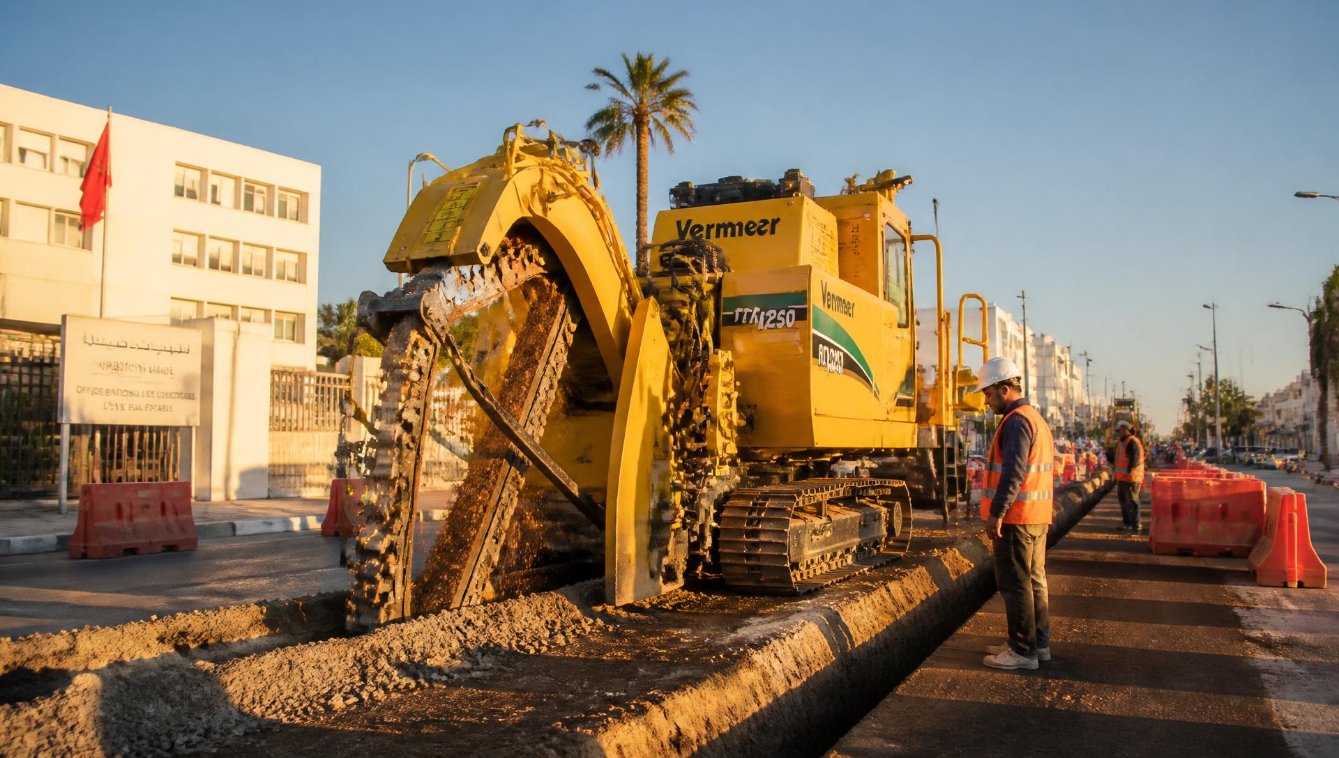 Trancheuse mécanisée SDM Business en action sur un chantier fibre optique au Maroc